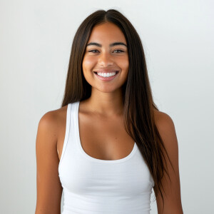 A cute woman

Californian

Smiling 

Clothes: white tank top

Sk...