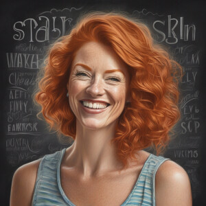 Photorealistic image. Chalk drawing . Ginger haired woman. Word...