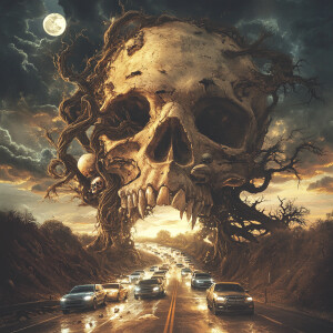 A serpentine highway, dense with rows of cars, trucks, and motor...