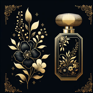 Design, a black and gold perfume bottle in the shape of a woman’s body with flowers and the name Karen