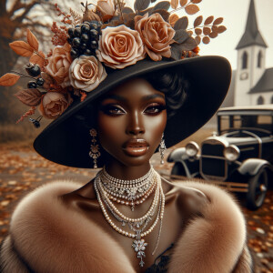 Create an image of a sophisticated woman with dark skin, wearing...