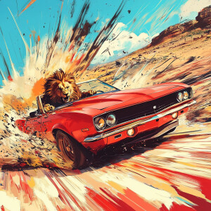 A lion speeding through the desert in a red Camaro convertible,...
