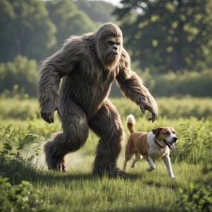 A humanoid Sasquatch with thick fur chasing a dog across a field...