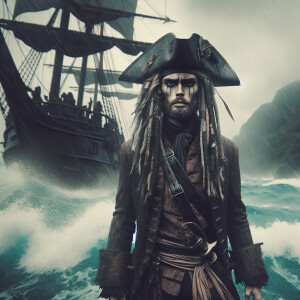Create an image of Captain Jack Sparrow, as vividly portrayed by...