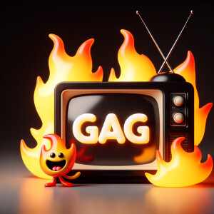 Tube TV with the word “GAG” on the screen on fire cartoon