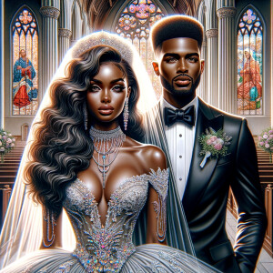 Create a realistic airbrushed illustration of a beautiful African-American couple at their wedding. The woman has flawless makeup, long wavy hair, and wears a spectacular gown adorned with various types of jewels, embodying elegance and sophistication. Her partner, an African-American man, is dressed in a sleek black Gucci suit and sports a fade crop top haircut, adding a modern flair to his dapper appearance. They stand together in a beautiful church, which is enhanced by colorful stained glass windows casting a vibrant glow around them, adding to the solemnity and joy of the occasion. The image should capture the essence of their love and the intricate details of their attire and the setting, all in a heavily HDR style at 300 dpi.