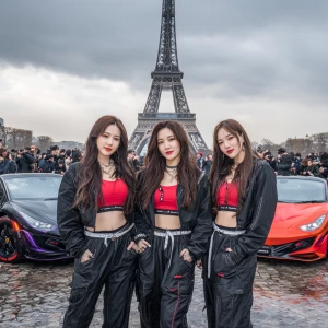 Three idol dancing on front of Paris and three different color c...