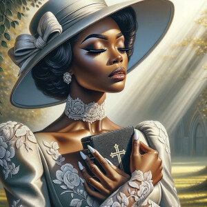 Render an airbrush oil painting of an African American woman with flawless makeup in a
contemplative pose, holding a Bible close to her heart, dressed in an elegant Sunday Best
outfit with a distinctive Church Hat. The background features a peaceful church garden,
with light filtering through the trees, highlighting her spiritual connection and the personal
moment of reflection. The artwork should capture the tranquility of the scene, the beauty
of her attire, and the depth of her contemplation, reflecting a serene and spiritually