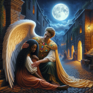 Create an oil painting image featuring a male angel and a grievi...