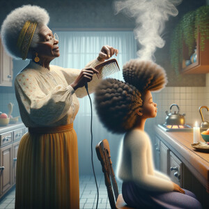 Create a realistic 3-D image of an african-American grandmother in the kitchen with her african-American granddaughter. The grandmother has a hot comb in her hair and she is straightening her granddaughters hair. One side of her granddaughters hair is in  a Afro the other is bone straight 
There is smoke coming from the hot comb