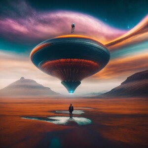 Imagine a futuristic alien gracefully soaring through the vast a...