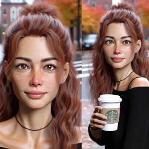 45 year old long ginger hair in messy bun, brown eyes, freckles,...