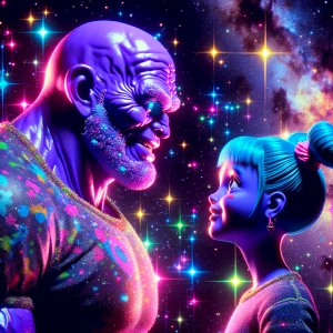 Thanos and Harley Quinn look at each other loving, ultra-detaile...