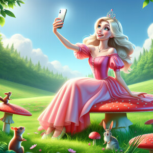 Princess Peach sits on a toadstool and takes selfies.