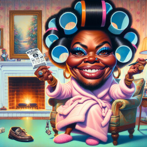 A caricature of a joyous African American mom with a notably lar...