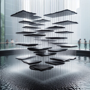 Imagina una waterfall fuente colgante hecha de delgadas platafor...