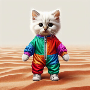 Create an image of an adorable white kitten standing upright on...