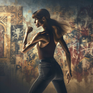 Athletic Thin skinny Attractive, Asian teenage girl, long brown hair and bangs, wearing tight skinny jeans and a halter top paint marks on her clothing, heroic pose Asian graffiti background, backside view