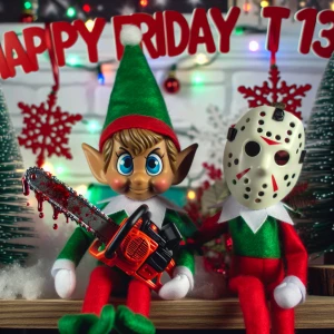 An elf on the shelf donned in a hockey mask, gripping a blood-dr...