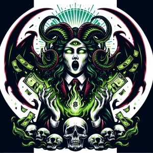 Medusa style face and head create an illustration of a commandin...