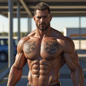 Neikedtrucker man in the rest area showing off his hairychest an...