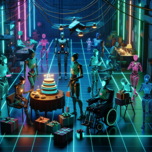 Robots having a birthday party