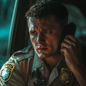 A deputy sheriff, with visible injuries and an upset expression,...