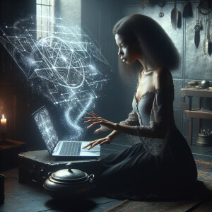 witch working on a macbook and making the matrix of the year, re...