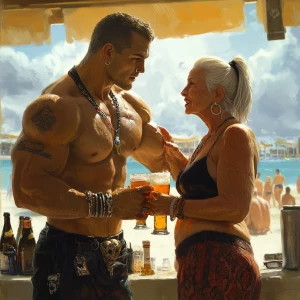 Photo-realism,fantasy.a muscular sweaty man standing and  talkin...