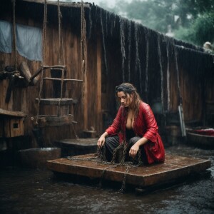 A drenched Wench clothes torn, squatting,  chained to a breading...