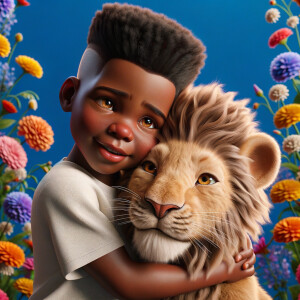 3D realistic style, an African-American little boy with fade top...