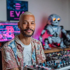 Anyma in front of his DJ equipment. In the background is the Eva...