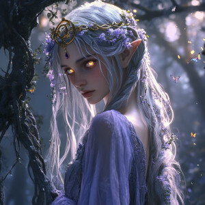 Portrait of an ethereal elven princess with long silver hair bra...