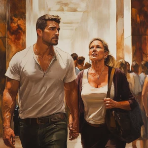 Realism.A man( muscular beefy criminal) walking with a woman(his...