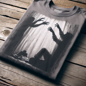 A folded gray t-shirt laid flat on a wooden surface. On the t-sh...