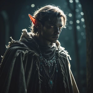 In the shadows, a mythical schlocky elf stands, silhouette stark...