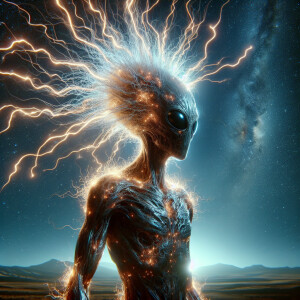 Giant alien 200 feet tall with electrical currents as hair