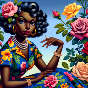 An illustrated  African-American, Betty Boop with exaggerated features reminiscent of vintage pin-up art. The character has large, expressive eyes, short wavy black hair, and is wearing a colorful, floral-print dress with a deep blue background and tropical flowers in vivid colors like yellow, pink, and red. She's seated with one hand resting gently beside her, wearing a pearl necklace and gold hoop earrings. The background is filled with lush roses in shades of pink and red.