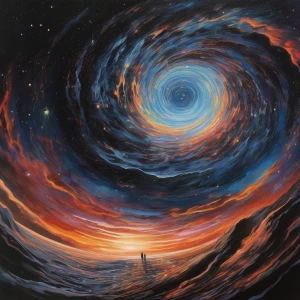 In the surreal dystopian scene of a gouache painting, a twisted...