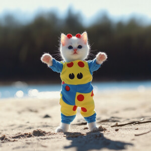 white kitten wearing a spongebob clown suit standing like a huma...