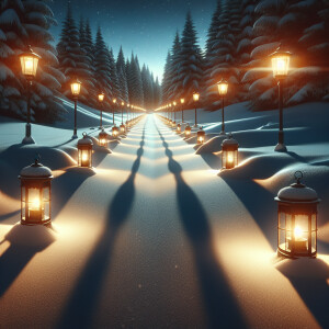 Draw a photorealistic winter evening road illuminated by lantern...
