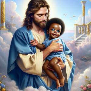 Classical oil painting style depicting an African-American Jesus...