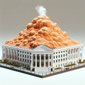 Create a hyper-realistic detailed image of the White House, incorporating a large, exaggerated orange pile with steam rising from it, positioned on the roof for a satirical effect.