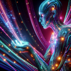 An ethereal bioluminescent galactic nomad, their skin shimmering...