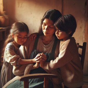 American Indian children hugging and healing their struggling Mo...