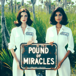 Generate a faded film photograph from 1973 in the Everglades. Tw...