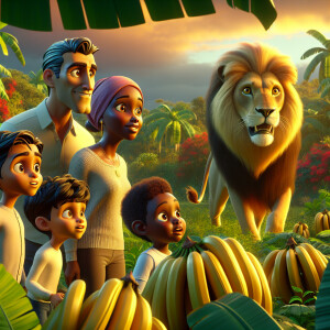 A family in the jungle watching  a lion near ripe plantains, wit...