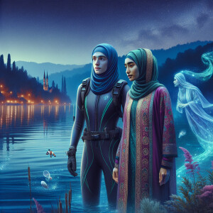 Two girls are standing near the lake at night in a hydro suit an...
