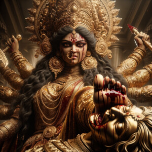 portrait of angry looking goddess durga placing her foot on a defeated mahishasur. She is wearing gold armor, a huge gold crown, gold saree, abundant  gold jewelry, covered in blood. The scene is set in ancient India. The image is 8K resolution, photography, cinematic, ultra detailed face and epic