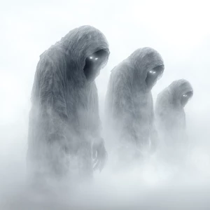 Create an image of ethereal, human-sized beings, slightly larger...